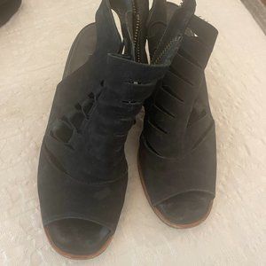 Paul Green Women's 7.5 Black Leather Cage Block Heel Peep Toe Booties